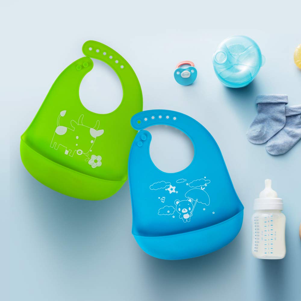Waterproof Soft Silicone Baby Bibs,Easily Wipes Clean,Keep the Mess Off,Give your baby a Good Care (Blue&Green)