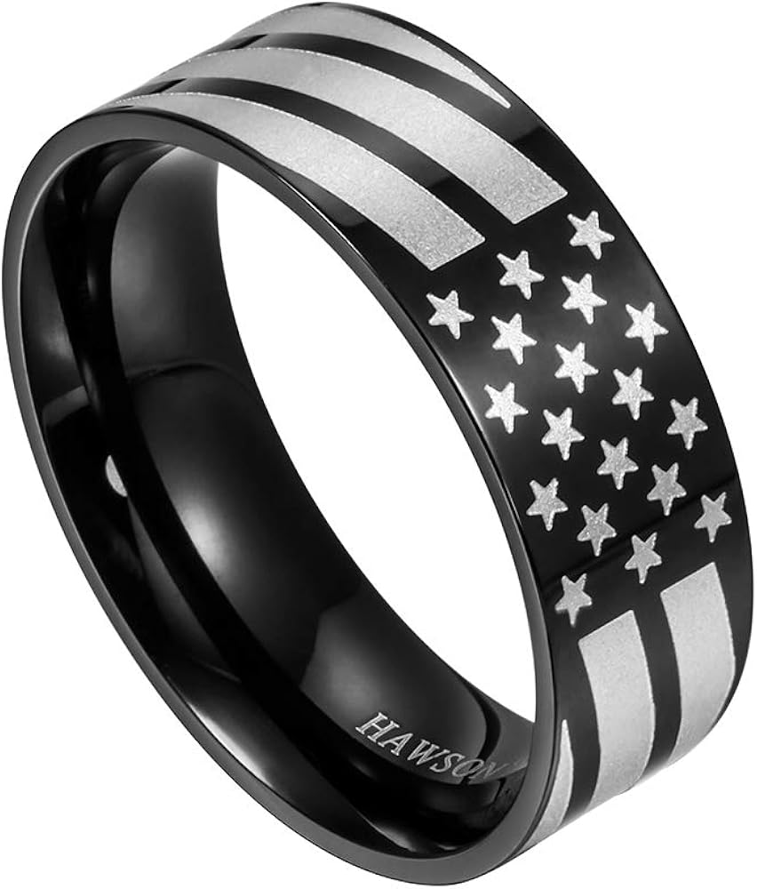 6mm 8mm American Flag Rings for Men, Black Stainless Steel Rings
