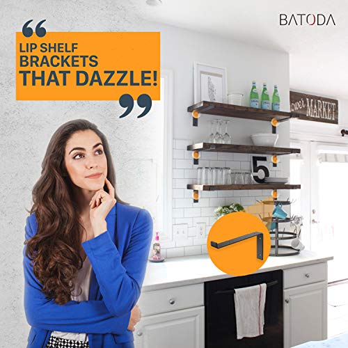 BATODA Lip Shelf Brackets 9" x 6" (6pcs) - Floating Shelf Bracket - Heavy Duty Brackets for Shelves - Wall Mounted Support with Lip for DIY Open Shelving - Screws and Wall Plug Included - Thumbnail 3