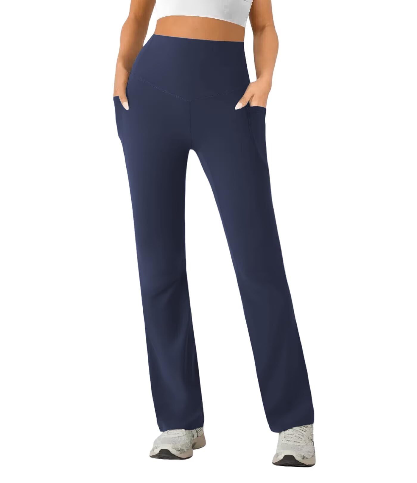 Photo 1 of SEAJOJO Womens High Waist Yoga Pants Stretchy Casual Trousers Straight Leg Pull On Side Pockets Navy Blue