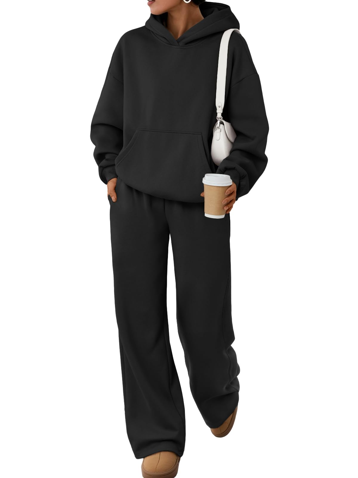 Photo 1 of Trendy Queen 2 Piece Lounge Sweat Sets Plus Size Fall Fashion Matching Sweatsuits Wide Leg Pants Travel Outfit Winter Clothes Black M