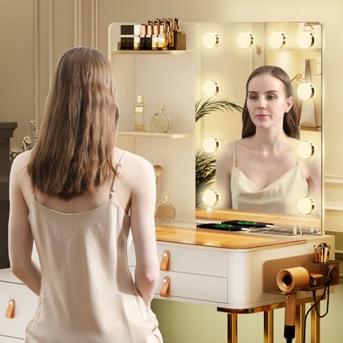 Dystle Makeup Vanity Desk with Mirror & Lights, Vanity Table with 5 Drawers, 2 Shelves, Vanity Set for Bedroom, Dressing Table with LED Lights, Vanity Gifts for Girls Lady (A-White)