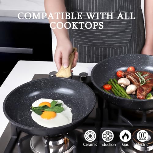 GiPP Ceramic Coating Nonstick Frying Pan with Lid - 26cm Healthy Non-Toxic Non Stick Skillet Omelette Pans, Induction Compatible Chef Pan, PFAS & PFOA-Free, Dishwasher Safe, Stay Cool Handles Grey