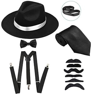 Men's Roaring 1920s Gangster Costume - Deluxe Manhattan Fedora Hat,Suspenders Y-Back Elastic Trouser Braces & Pre Tied Bow Tie,Gangster Tie & Fake Mustache (OneSize, BlackHat & BlackSuspenders)