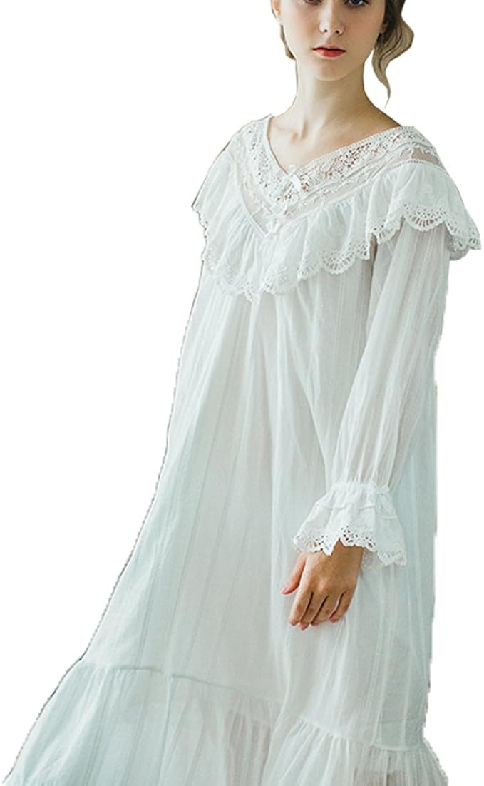 Amazon Fevon ネグリジェ 長袖 ロング丈 ルームウェア レディース ワンピース 春秋 姫系 プリンセス風 レトロ調 おしゃれ Vネック レース 高品質 エレガント 部屋着 ナイトドレス ルームワンピース 寝間着 ナイトウェア 寝巻き ワンピース チュニック 通販