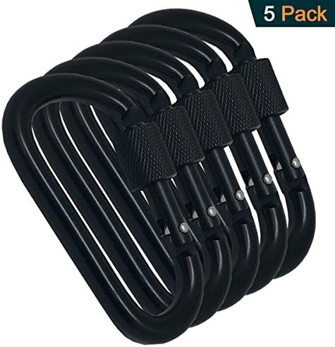 Stashu 5 Pack D Shape Black Keychain Clip Carabiner with Snap Spring &amp; Screwgate Lock (Aluminum)