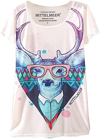KaiTingu Women's Short Sleeve Glass Deer Graphic Print Vintage T Shirt White