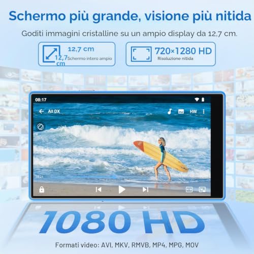 96GB MP3 Player with Wi-Fi & Bluetooth, 5 Inch Touchscreen MP4 Player | Android 13 Music Player with Spotify, Amazon Music, Deezer, FM Radio, Voice Recorder, E-book Reader, Blue & White