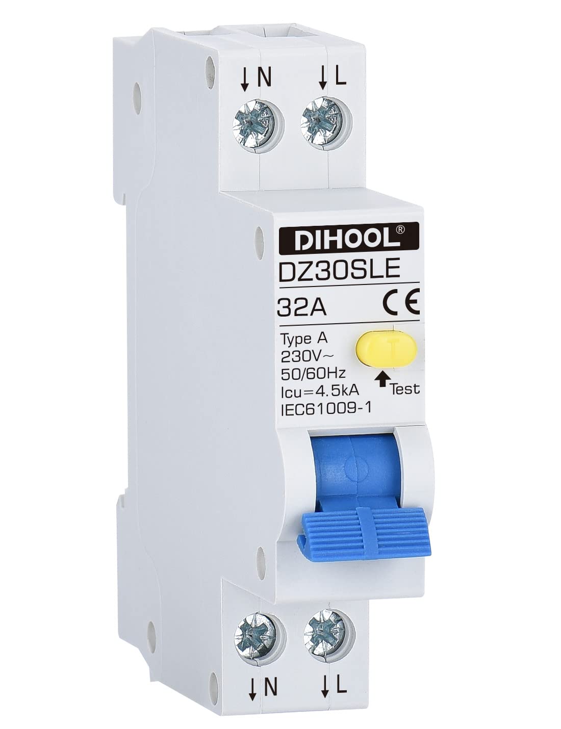 DIHOOL Type a RCBO ELCB RCD 18mm width Circuit Breaker(30mA 2 pole 32A)