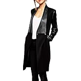 xxxiticat Women's Double Breasted Faux Leather PU Coat Patchwork Splice Lapel Panel Trench Woolen Jacket Cardigan