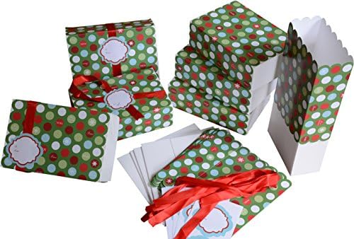 12 Christmas Cookie gift boxes with ribbon and sticker; white rectangle box with colorful sleeve, scalloped edges, holiday design, set of 12