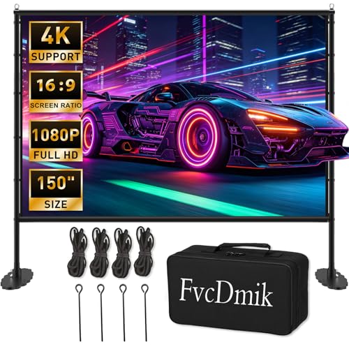 150 inch Projector Screen with Stand, 16:9 4K HD Portable Outdoor Movie Screen, Wrinkle-Free Foldable Indoor Projection Screen with Carry Bag & Ground Nails for Backyard Cinema Home Theater