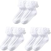 TRYUEN 3 Pairs Girls Lace Ruffle Cotton Frilly Ankle Socks White Princess Dance Dress Socks