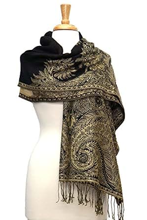 thumbnail image 2 of Pashmina Shawl Scarf Wrap – Paisley Black/Black, Silk & Cashmere Blend, Super Soft, 78in Long 2 of 3