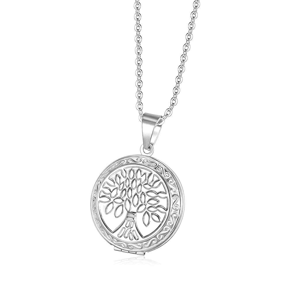 TOFBS Personalized Photo Image Locket Memory Pendant Round Flower Locket Necklace That Holds Picture Custom Necklace Gifts for Women Mom Girldfriend Wife (Silver*Tree of life) — image 1
