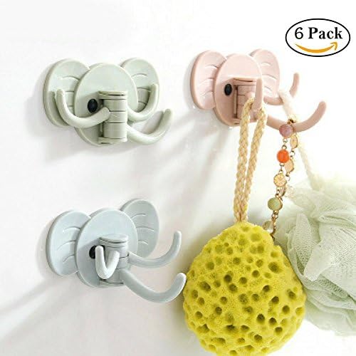 Rohomii Self adhesive Bathroom Towel Hooks Kitchen Closet Wall Hooks Cute Elephant Towel Hooks for Kid, 6 pack