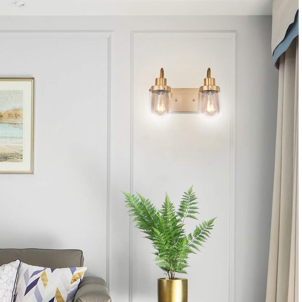 YAOHONG 2-Lights Wall Sconce Vanity Lighting Bathroom Lamp in Brushed Brass with Clear Glass Shades Wall Mounted Light Fixtures for Bedroom Stairs and Kitchen
