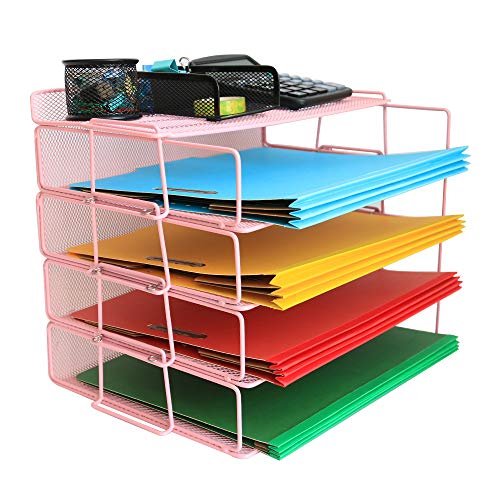 LUCYCAZ Desk Organizer - Letter Tray, 4 Tier Stackable Paper Tray Pink File Organizer for Home, School and Office - Thumbnail 6