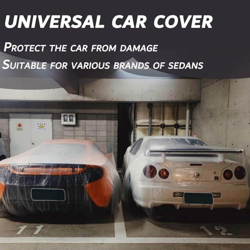 4Pack- Universal Disposable Car Cover Waterproof All Weather, Clear Plastic Car Cover, Car Covers for Automobiles Light Weigh, Rain Dust Garage Cover with Elastic Band (LL 15.7 Ft * 24.6 Ft)
