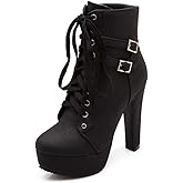 Susanny High Heel Boots for Women,Womens Platform Boot Heels Sexy Round Toe Lace UP High Heels Mid Calf Boots