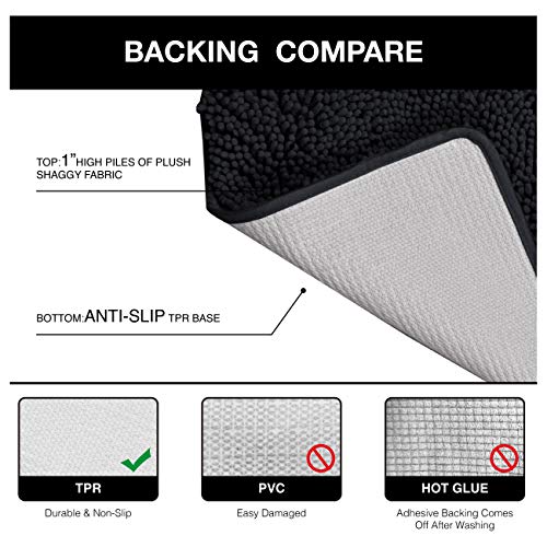 Phrixus 3 Piece Black Bathroom Rugs and Mats Sets, Ultra Soft Absorbent Chenille Bath Mat and U-Shaped Toilet Rugs with Non Slip TPR Bottom, Machine Washable Rug for Bathroom Tub, Shower