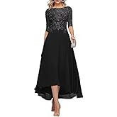 Lace Applique Mother of The Bride Dresses for Wedding Tea Length 3/4 Sleeve Beaded Chiffon Formal Evening Dress