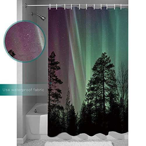 Shower Curtain Set with Bath Rug, Aurora Lanscape Bathroom Accessories Decor Polyester Fabric Shower Curtains with Hooks 60"x72" and Non-Slip Bath Mat 18"x30" - Thumbnail 2