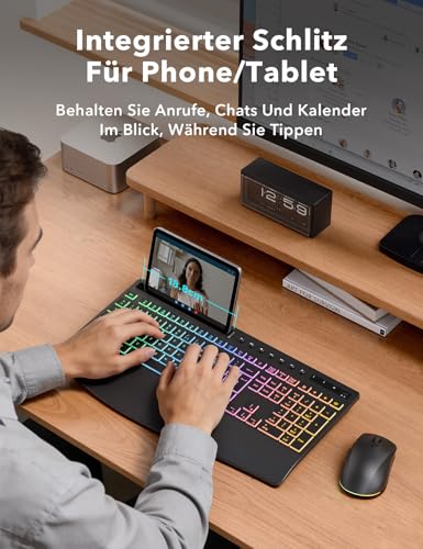 Keyboard Mouse Set Wireless Illuminated Rechargeable Keyboard with 4000 mAh Battery, Phone Holder, Quiet Full Size Typing, 3 DPI Mouse, 2.4GHz USB-A/USB-C for Chrome OS/Window/PC KM22 Ultra