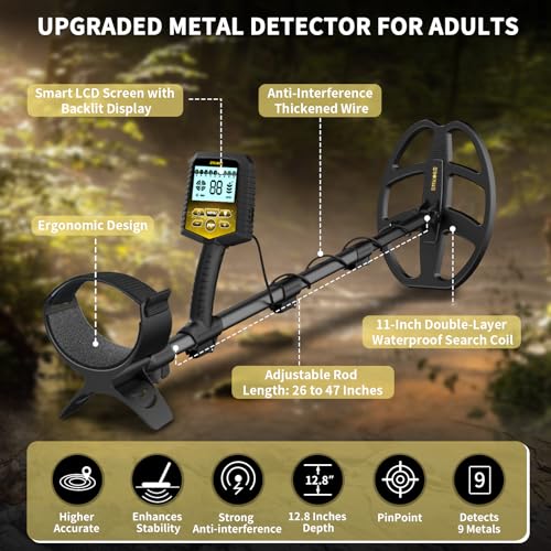 SAKOBS Metal Detector for Adults, Professional Foldable Waterproof Metal Detector with 11" IP68 DD Coil, Backlit LCD Target ID, 12.8" Deep Search Gold Detector, Lightweight Beach Metal Detector
