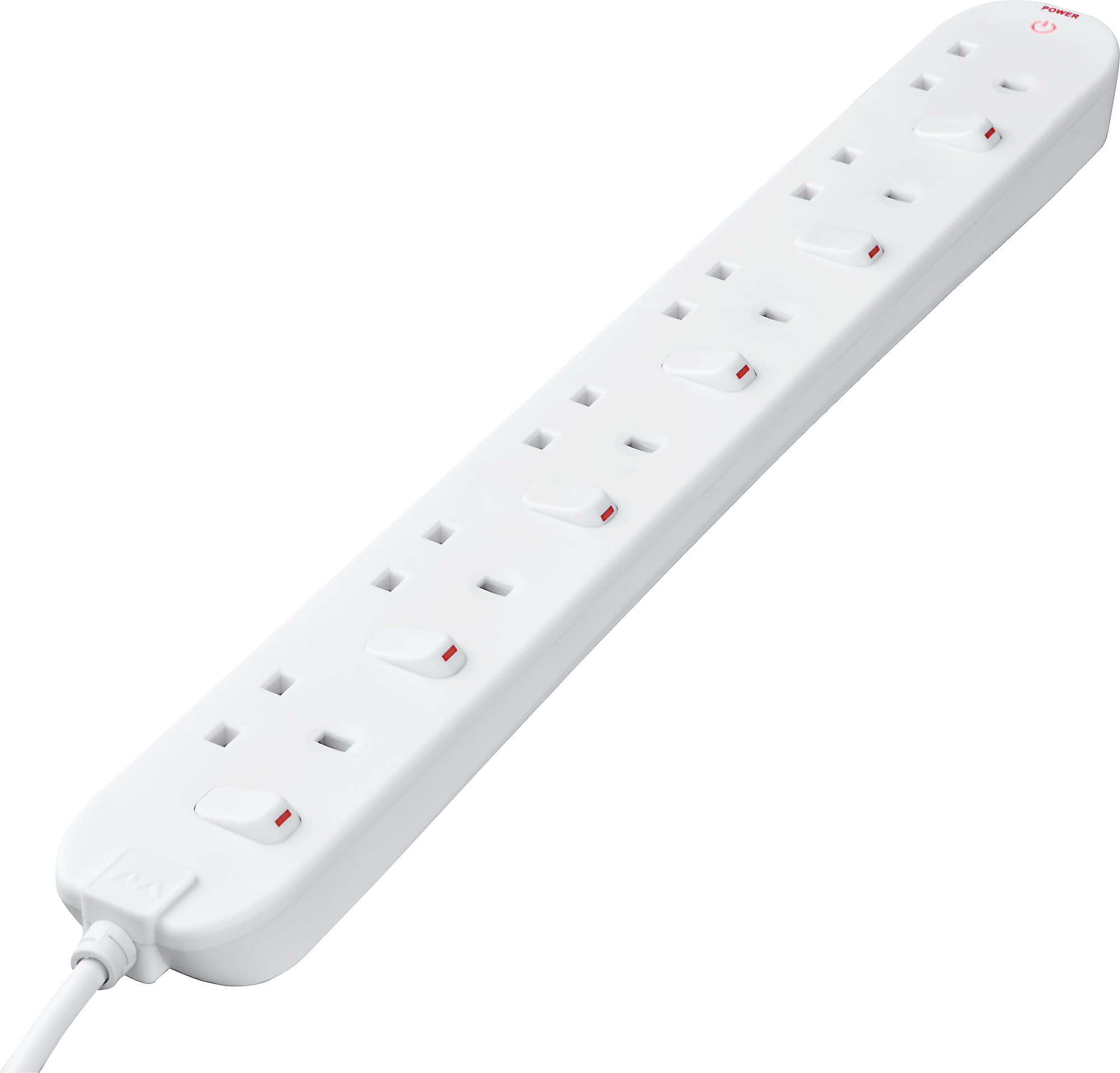 Masterplug Six Socket Extension Lead, 2 Metre Cable, Individual Switches, Power and Surge LED Indicators, 6-Way Plug Extension Cable, Power Strip, White, 13A, 6G, 2m, SWC6210N