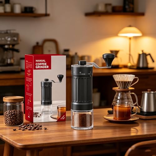 Molinillo de Café Manual Grosor Ajustable,Molinillo de Café 40 Ajustes Ajustables,Coffee Grinder Portátil con Tarros de Cristal para Coffee Grinder Portátil Ideal uso Doméstico Campamento (Negro)