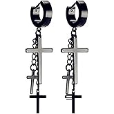 Cross Tassel Huggie Hoop Earrings Stainless Steel Gothic Punk Cool Layered Triple Cross Chain Fringe Religious Long Hinged Dangle Drop Earrings for Men Women Unisex Hip Hop Fashion Jewelry Gifts