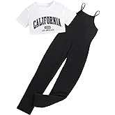 Hilinker Girl's 2 Piece Outfits Graphic Short Sleeve Crop Top and Cami Jumpsuit Set