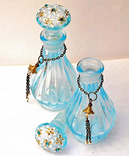 Cornflower Blue Glass Mini Perfume Bottle with Swarovski Crystal Rhinestones and Dangling Pearls
