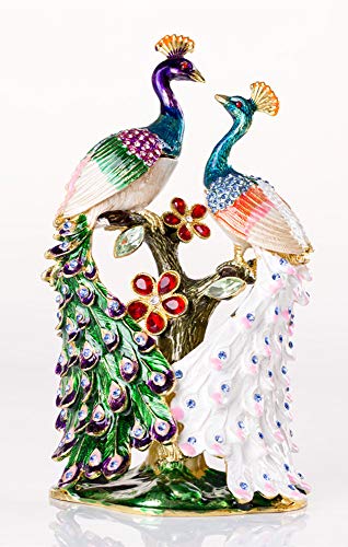SEVENBEES Hand Painted Pair of Peacocks Figurine Enamel Hinged Jewelry Trinket Box