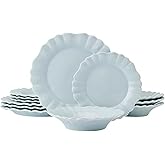 Pfaltzgraff Graceful Petals 12 Piece Stoneware Dinnerware Set, Service for 4, Scalloped Plates Bowls for Everyday Use, Blue