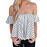 JUST MODEL Womens Sexy Stripe Off Shoulder Shirts Short Sleeve Blouses Casual Tops