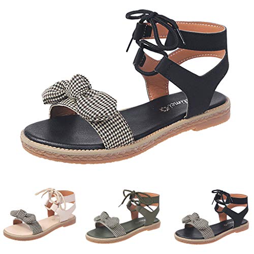 SMALLE ◕‿◕ Women's Elastic Flat Sandals, Women's Ladies Summer Ankle Strap Bowknot Beach Sandals Espadrilles Shoes Black