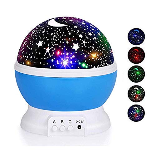 Night Lights for Kids, Moon Stars Projector Baby Starry Romantic 360 Degree Rotating and 8 Modes, USB Cable/Batteries Powered Kids Lamp for Nursery, Bedroom, Party (Blue)