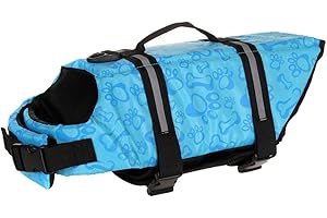 ChezAbbey Dog Life Jacket Adjustable Dog Lifevest Swimsuit Safety Vest Apparel Lifesaver Coat for Small Large Cats Puppy Kitty with Handle Reflective for Swimming and Boating Blue Bone M