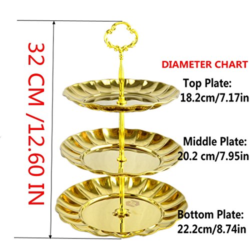 Fruit Plate, Petforu 3 Tier Fruits Cakes Desserts Plate Stand Gold Color Stainless Steel Plates