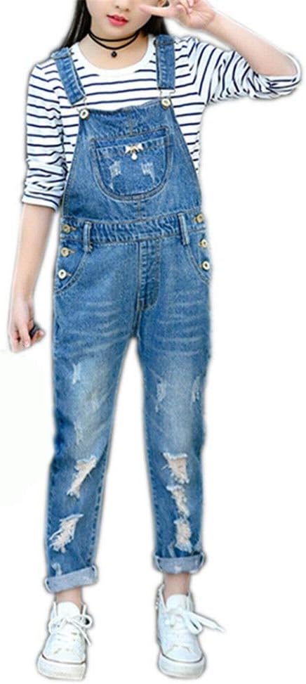 Girls Big Kids Distressed Denim Overalls Blue Long Ripped Holes Jeans Romper 1P