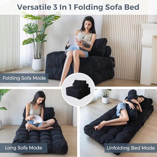CTOBY Folding Sofa Bed, Convertible Sleeper Chair with Pillow Foldable Mattress with Back Support, Portable Fold Out Chair Bed Comfy Floor Sofa Lounge for Living Room Bedroom, Black, Single