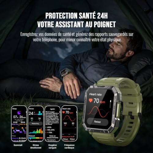 Blackview Men's Military Smart Watch, SOS LED Torch & Compass, 100J Battery Life 960mAh, Bluetooth Calling, Pedometer, 24h Health Tracking, 120+ Sports Modes, IP68, Shockproof, iOS & Android