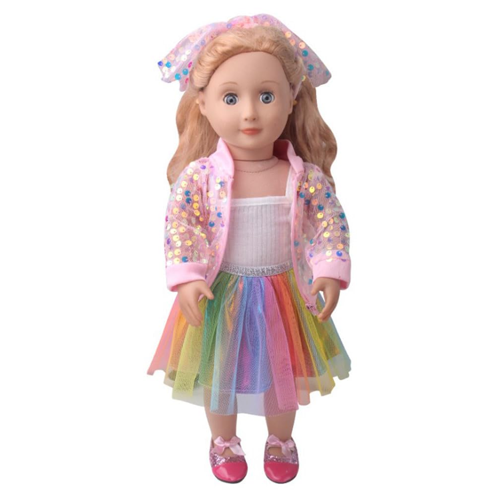 NIXNUT Doll Clothes Dress Vest Colorful Skirt Sequined Jacket Spring Fashion Clothing for American Girl Doll 18-inch with Hairband