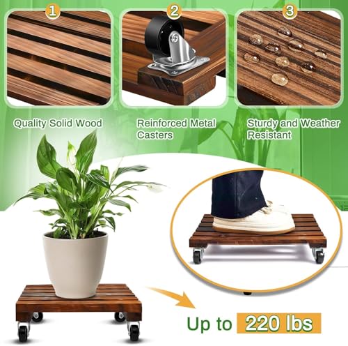 Heavy Duty Plant Caddy, Wood Rolling Plant Stand 220 LB, 2 PCS 14in with 4 Wheels, Wooden Plant Dolly with Metal 360° Lockable Caster Wheels, for Outdoor Indoor Plant Pots, Flower Pot, Patio (Square)