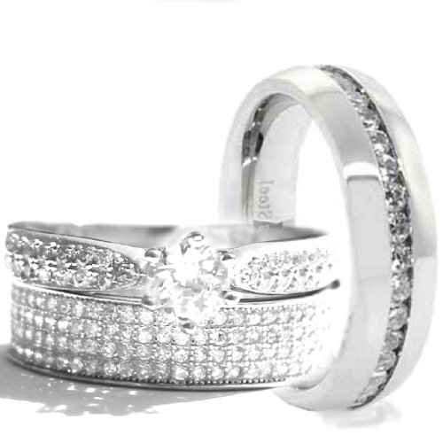 His & Hers 3 Pieces, 925 Sterling Silver & Stainless Steel Engagement Wedding Ring Set, AVAILABLE SIZES men's 7,8,9,10,11,12; women's set: 5,6,7,8,9,10. CONTACT US BY EMAIL THROUGH AMAZON WITH SIZES AFTER PURCHASE!