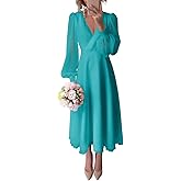Seabinayed Chiffon Long Sleeve Bridesmaid Dresses A Line Tea Length Wedding Guest Dress for Women V Neck Formal Gown