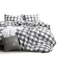 Wake In Cloud - Washed Cotton Duvet Cover Set, Buffalo Check Gingham Plaid Geometric Checker Pattern Printed in Gray Grey and White, 100% Cotton Bedding, with Zipper Closure (3pcs, Queen Size)