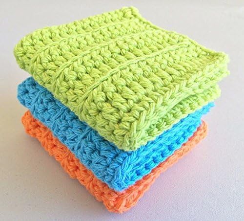 Crochet Washcloths Set of 3, 100% cotton, Dish Towels, Dish cloths, Lime, Blue and Orange linen, Hand towels, washcloth for baby